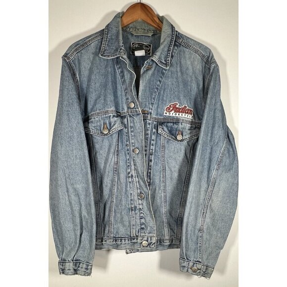 Vintage Indian Motorcycle oversized biker denim jacket embroidered sz L patches - Picture 1 of 16